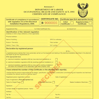 Electrical Certificate of Compliance document — COC inspection by Gridsmith Electrical